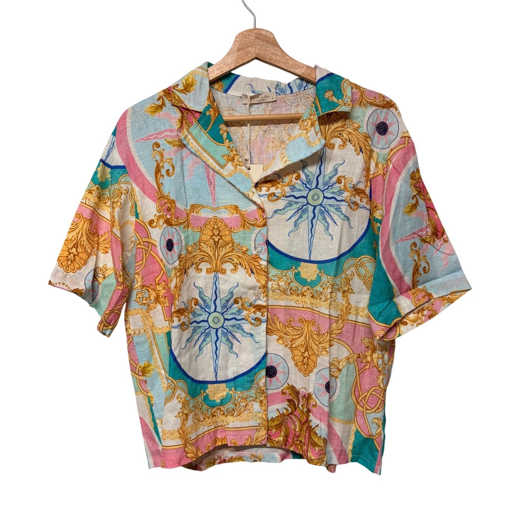 NWT Bellambra Italian Linen Blouse Size S Celestial Whimsy Coastal Boho Summer